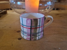 Load image into Gallery viewer, Plaid mug on a wooden surface with a blurred background
